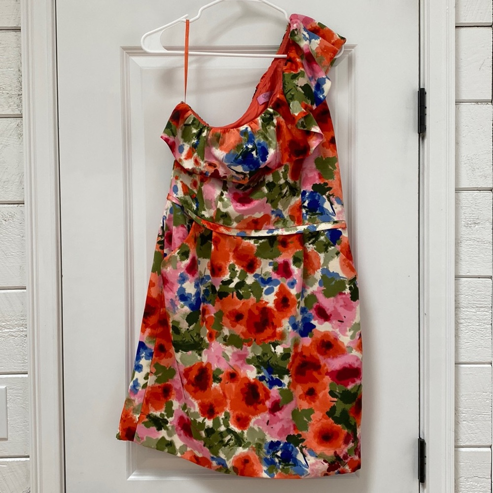 Eliza J Watercolor Floral One Shoulder Sheath Dress with Ruffle and Pockets